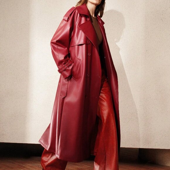 Red Elegant Women's faux leather Double Breasted belted Long Trench Coat - Picture 6 of 7